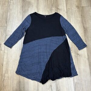 Comfy USA S Tunic Top Blue Black Long Sleeve Asymmetric Art To‎ Wear Lagenlook